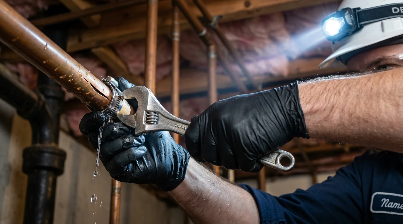 Emergency pipe clamp repair being performed by a Johns Plumbing LLC plumber in Villa Grove