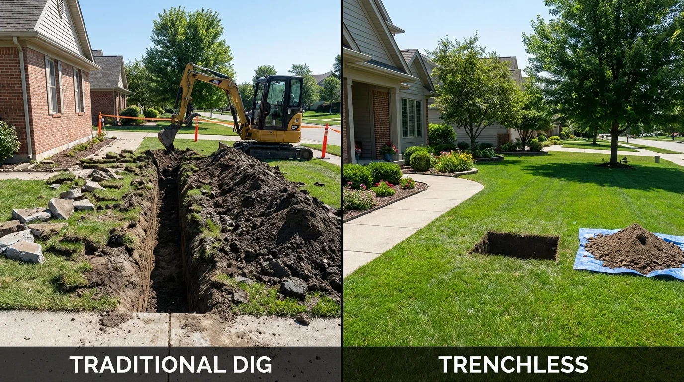 Trenchless sewer repair with minimal yard damage versus traditional excavation in Villa Grove, IL
