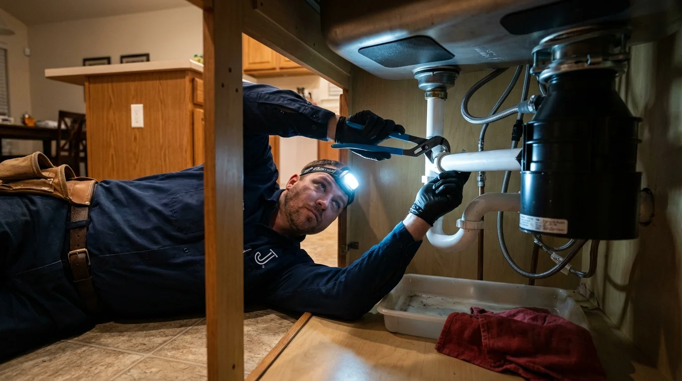 P-trap and supply line connections under a kitchen sink showing a common leak point in Villa Grove, IL